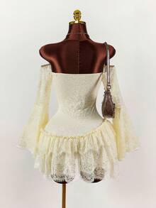 Amplova 女士长袖露肩连衣裙，透视性感前卫，适合秋季穿着，可爱性感蛋糕裙摆 - 白色 - 查看 2