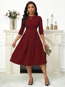 SHEIN Lady Váy dài tay bằng vải satin xanh, váy dài mùa thu họa tiết hoa, váy midi thanh lịch dành cho nữ - Đỏ - Xem 5
