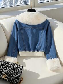 GlowEve 女士时尚短款流苏下摆长袖牛仔外套 - 藍色 - 查看 2