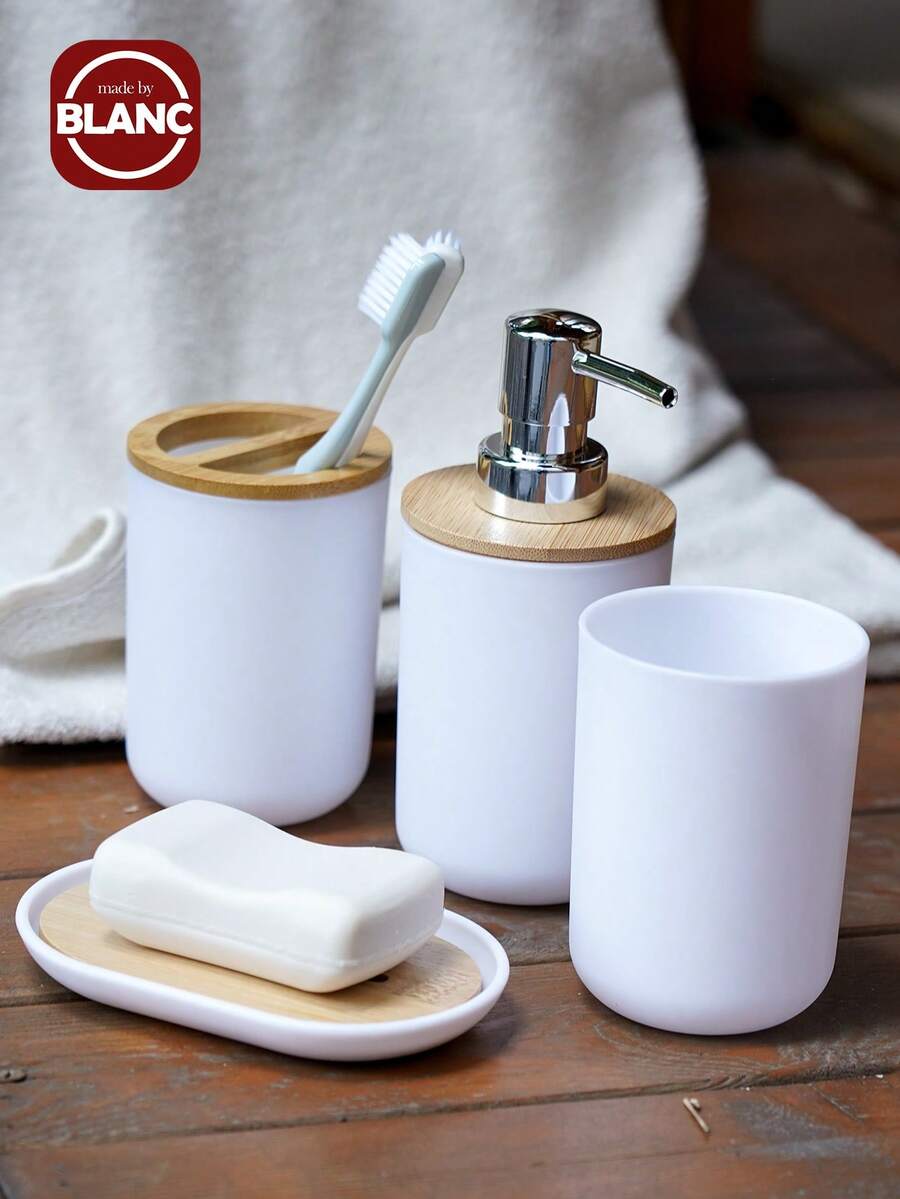 Bộ 4 hộp đựng sữa dưỡng thể & đĩa đựng xà phòng & cốc súc miệng, bộ hộp đựng sữa dưỡng thể bằng nhựa hiện đại cho phòng tắm, trang trí phòng tắm, trang trí mùa thu, trở lại trường - trắng - Xem 1