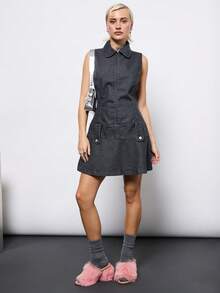 COUREZ 实用迷你连衣裙，原色水洗牛仔布/Y2K冬季穿搭，优雅冬装，外出连衣裙，新年装扮 - 深灰色 - 查看 1