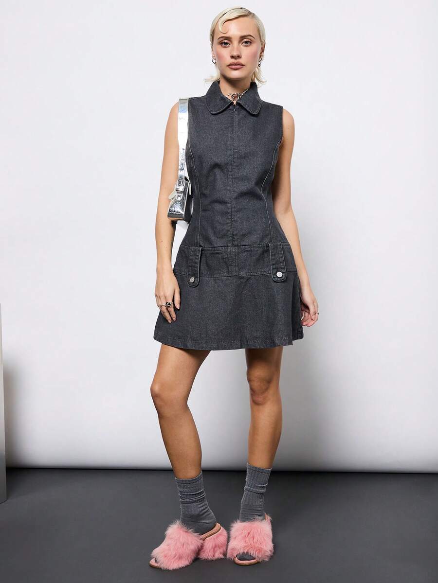 COUREZ 实用迷你连衣裙，原色水洗牛仔布/Y2K冬季穿搭，优雅冬装，外出连衣裙，新年装扮 - 深灰色 - 查看 1