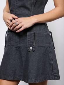 COUREZ 实用迷你连衣裙，原色水洗牛仔布/Y2K冬季穿搭，优雅冬装，外出连衣裙，新年装扮 - 深灰色 - 查看 6