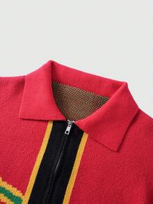 ROMWE MEN Prep Men's Contrast Color Print Long Sleeve Cardigan, For Winter - Red - View 3