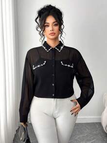 Elenzga Áo sơ mi voan dài tay thanh lịch dành cho nữ cỡ lớn mùa xuân/thu, đính hạt, túi giả và cổ bẻ, màu đen - màu đen - Xem 7