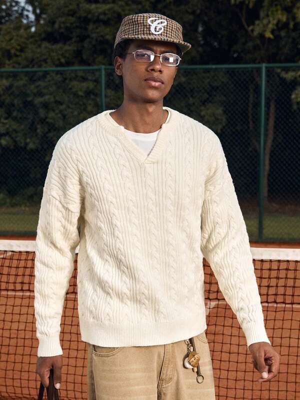 Manfinity Unisex Suéter casual de punto con cuello en V y manga larga, con trenzado, para otoño/invierno