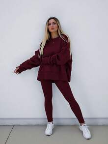 INAWLY Setelan 2 Potong Atasan dan Celana Panjang Lengan Panjang Leher Bulat Minimalis Warna Polos Ukuran Plus untuk Pemakaian Sehari-hari - Burgundy - View 3