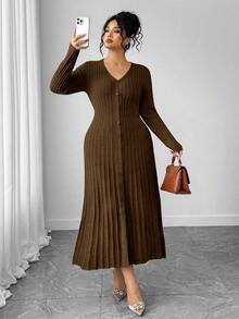 SHEIN Elenzya 1pc Women Plus Size Elegant V-Neck Long Sleeve Flared Hem Sweater Dress - Coffee Brown - View 5