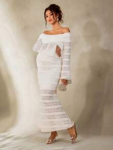 Cheriluna Maternity Abito da fotografia premaman con spalle scoperte, maniche lunghe, volant e pizzo, bianco, adatto per Capodanno - Beige - Visualizzare 5