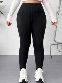 SHEIN EZwear Quần legging cạp cao màu đen đa năng thường ngày cỡ lớn - màu đen - Xem 3