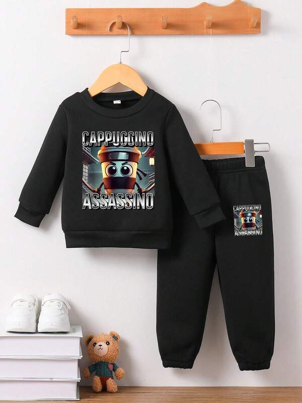 Young Boy Round Neck Sweatshirt And Sweatpants Set - Black