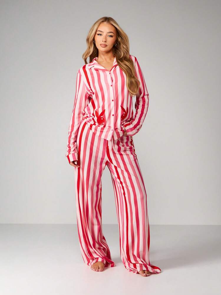 Missguided x Playboy Christmas Striped Long Sleeve Pajama Set