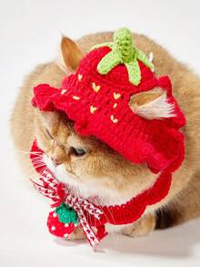 PETSIN 一套红色草莓休闲宠物配饰套装，时尚针织帽，秋冬季手工编织加厚保暖猫狗角色扮演帽，节日颈部装饰配件 - 紅色 - 查看 4