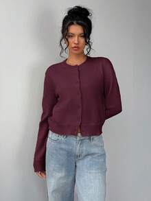 SHEIN BASICS 休闲纯色圆领长袖宽松短款女式毛衣白色开衫，秋冬季上学上衣 - 紫紅色 - 查看 3