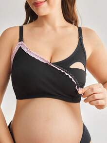 Moonlight&Mama Plus Size Maternity Contrast Lace Comfortable Nursing Bra - Black and White - View 2