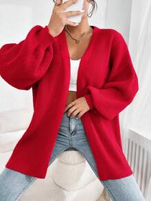 SHEIN EZwear 大码休闲落肩罗纹针织开衫，红色，秋冬 - 紅色 - 查看 4
