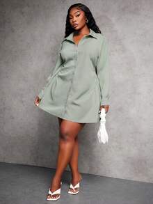 SHEIN SXY Plus Size Women's Autumn/Winter New Arrival, Mint Green Long Sleeve Waist Pleated A-Line Shirt Dress - Green - View 7
