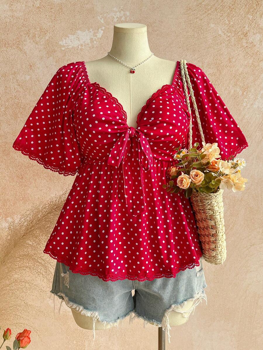 Soleia 大码红色波尔卡圆点扭结休闲T恤 - 紅色 - 查看 1