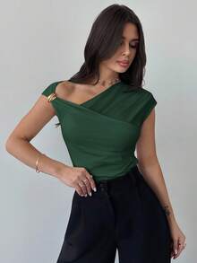 Firerie Women's Asymmetric Shoulder Wrap Ruched Waist Tight Fitting T-Shirt, Elegant Modest Daily Commute, Spring/Summer - Dark Green - View 7