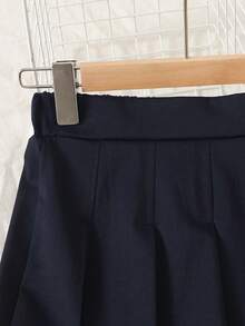 SHEIN Tween 女童纯色海军蓝简约百褶休闲长裙 - 藏蓝色 - 查看 4