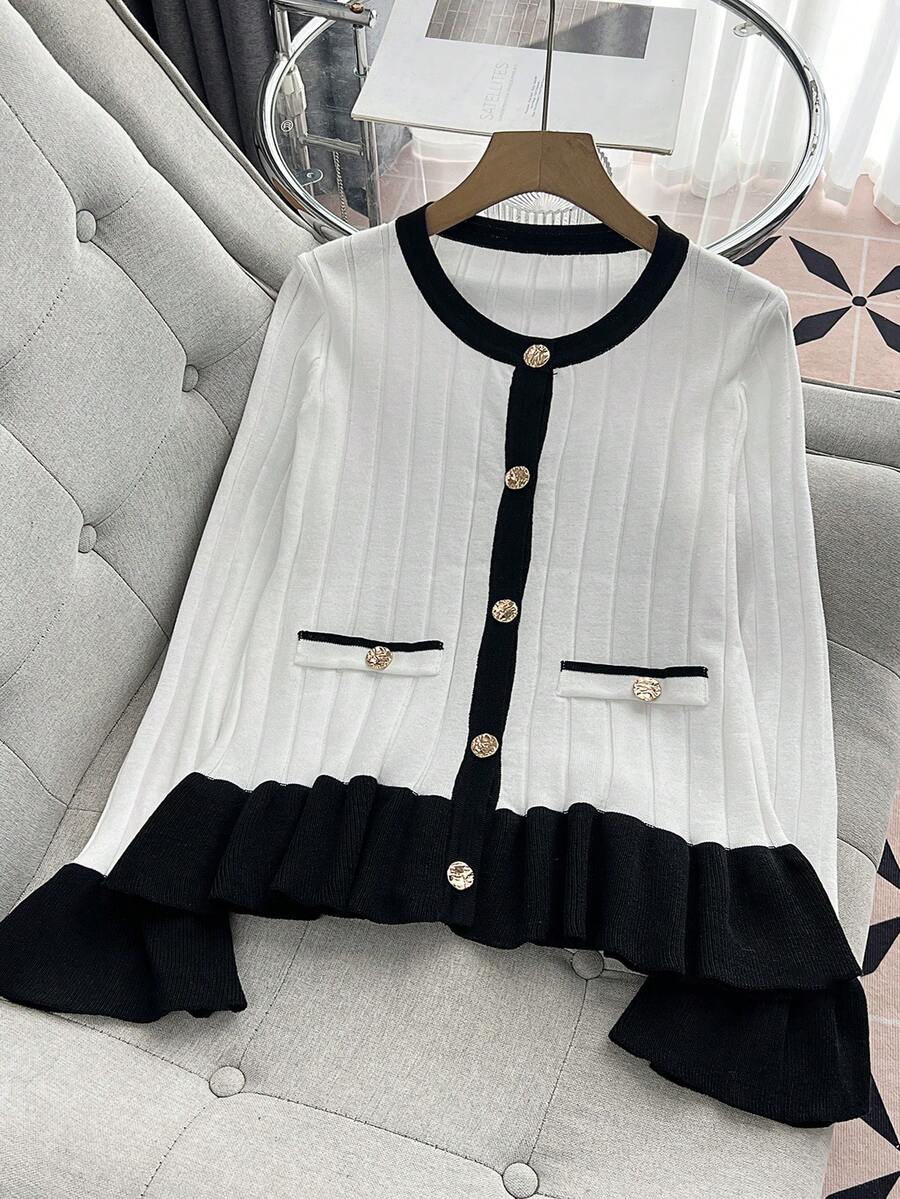 SHEIN Franclia 女式不对称荷叶边拼色圆领开衫,秋冬厚针织毛衣夹克 - 白色 - 查看 1