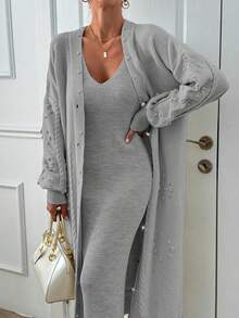 EURMUSE Ponpon And Stone Button Detail Maxi Long Cardigan - Grey - View 5