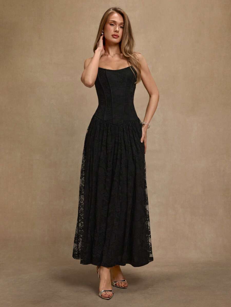 SHEIN BAE Schwarzes ärmelloses Spitzenkleid mit V-Ausschnitt, Taillenschlitz und Raffung für Damen, geeignet für Cocktailpartys, romantische Dates, Herbst-/Winterschichten, Zusammenkünfte, Partys, Nachtclubs, Halloween, Weihnachten - Schwarz - Übersicht 1