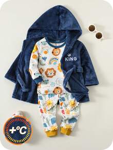 SHEIN Newborn Baby Boy Cute Fluffy Letter Pattern Blue Hooded Robe Sleepwear Baby Boy Bathrobe