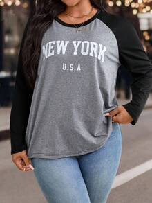 EMERY ROSE Women Plus Size Letter Pattern Color Block Raglan Sleeve Casual T-Shirt, Autumn Graphic Tees Women Tops - Multicolor - View 3