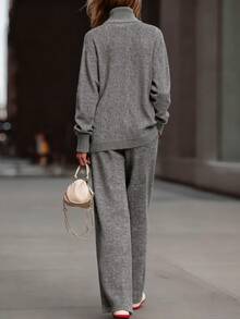 EMERY ROSE Women's Fashion Bat Wing Sleeve Crossover Design Loose Pocket Sweater & Wide Leg Pants Two Pieces Set - Grey - View 2