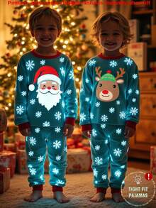 2 件套小男孩圣诞老人和驯鹿印花舒适针织长袖上衣和裤子睡衣套装，圣诞主题 - 綠色 - 查看 1