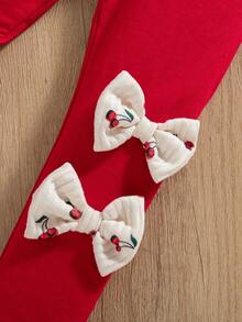 SHEIN 2pcs/Set Young Girl' Casual Raglan Sleeve Cherry Print Top And Leggings, With Ruffle Hem And Heart Print, Versatile Casual Suit For Young Girls - Red - View 5