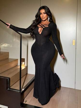 NU&NOW Plus Size Solid Color Regular-Shoulder Long Sleeve Fitted Criss-Cross Hollow Sexy Dress