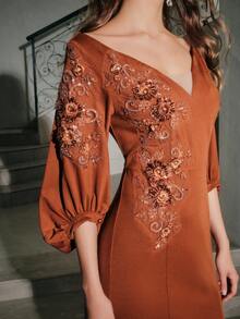 Anewsta Neues elegantes Off-Shoulder Kleid mit Applikationen und Fischschwanz, geeignet für Herbst, Winter, Neujahr, Partys, Hochzeiten, elegant, schick, stilvoll, Weihnachten, Feste - Braun - Übersicht 3