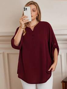 Blusa de 3/4 de manga en color borgoña para mujer talla grande, ideal para principios de primavera y verano, para vacaciones - Rojo violeta - Ver 6
