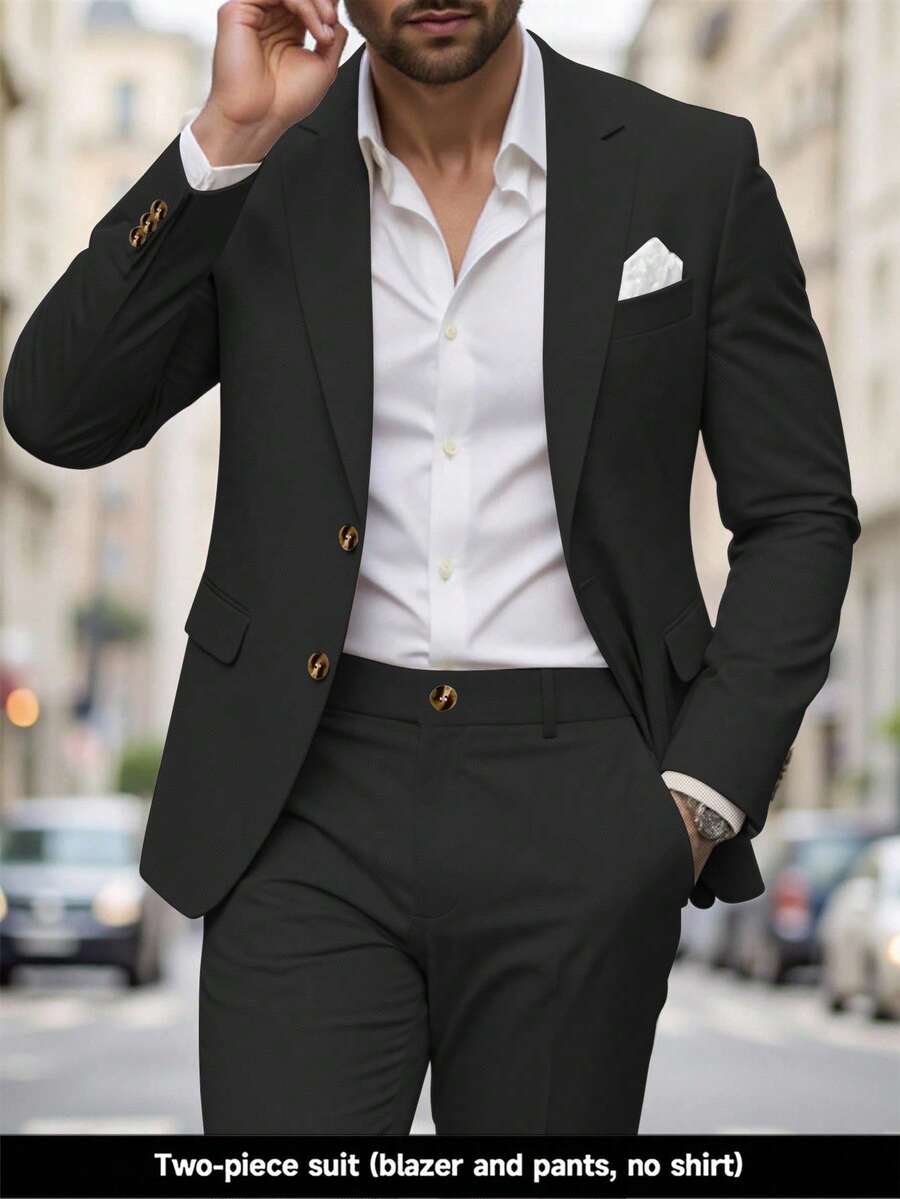 Manfinity Bizformal Men's Solid Color Lapel NeckLong Sleeve Suit Jacket And Pants Business Suit Set - Black - View 1