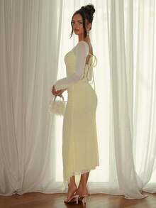 SHEIN Glamour 时尚女士黄色网纱蝴蝶结连衣裙 - 黃色 - 查看 2