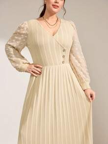 Momelise Plus Size V-Neck Casual Fuzzy Ribbed Waist Flared Solid Color Dress, Autumn/Winter - Apricot - View 5