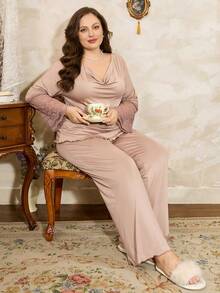 Côtesoire Ensemble de vêtements de nuit grande taille pour femmes avec empiècement en dentelle, col drapé. Ensemble pyjama grande taille, ensemble loungewear grande taille, vêtements de nuit grande taille, ensemble pyjama grande taille, vêtements d'hiver - Kaki - Voir 5