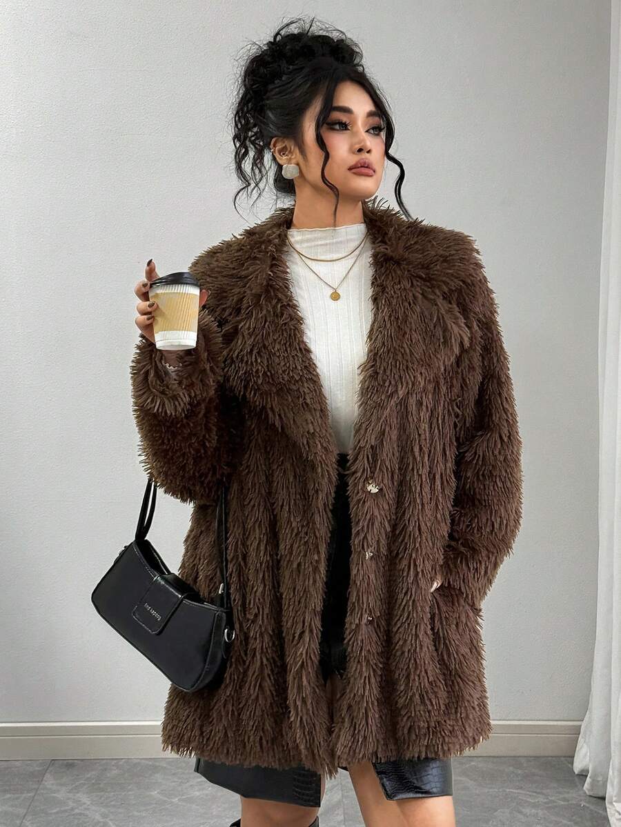 SHEIN Plus Size Women Faux Fur Coat - Coffee Brown - View 1