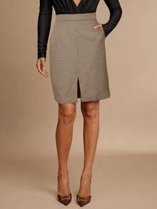 Silquee 女式高腰开衩千鸟格优雅半身裙 - 杏色 - 查看 4