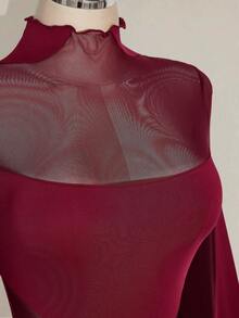 SHEIN ICON Plus Size Y2K Long Sleeve Mesh Patchwork Bodysuit, Sexy Mesh Bodysuit For Halloween, Halloween Costume, Autumn - Burgundy - View 5