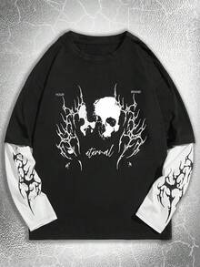 ROMWE MEN Goth 青少年男孩骷髅印花圆领长袖休闲T恤 - 黑色 - 查看 1