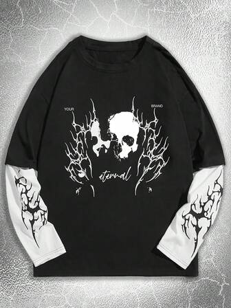 Goth قميص كاجوال بياقة مستديرة وأكمام طويلة مطبوع عليه جمجمة للمراهقين