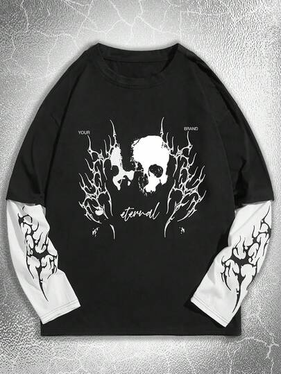 Goth قميص كاجوال بياقة مستديرة وأكمام طويلة مطبوع عليه جمجمة للمراهقين