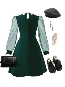 1pc Girls Wednesday Collared Mesh Patchwork Long Sleeve Dress,Dark Green,Autumn,Elegant,School,Back-To-School Gothic Style With Pearl Decor,Christmas - Dark Green - View 2