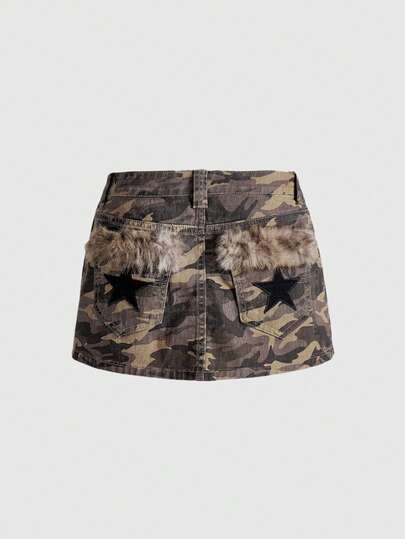 Grunge Punk Kpop Ultra Low Waist Sexy Vintage Mini Pleated Camouflage Patchwork Faux Fur Metal Grommet Skirt