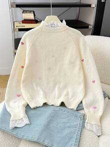 SHEIN Tween Girls' Casual Homewear Pullover Sweater, Elegance Embroidered Lace Trim Heart Embroidery Loose Raglan Sleeve Soft Thick Pullover Teen Girls Sweaters Teen Girl Cute Tops Kids Sweaters Girls Knitted Top - Hot Pink - View 2