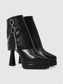 ROMWE 1 Pair Women's Punk Style Platform High Heel Pointed Toe Side Zipper Ankle Boots, Suitable For Autumn/Winter For Christmas - Black - View 9