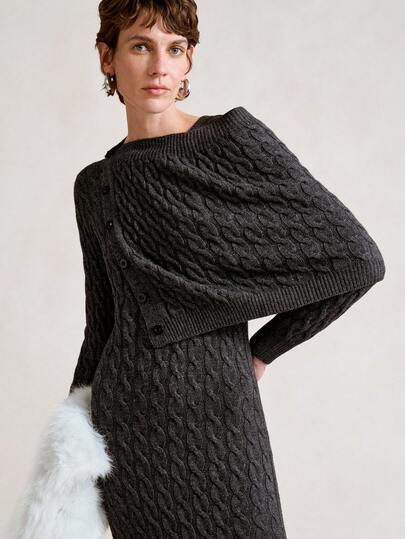 SHEIN Stylify 2pcs Grey Cable Knit Scarf & Sweater Dress Set For Women